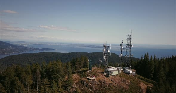 Aerial view of signal towers on peak of Mountain