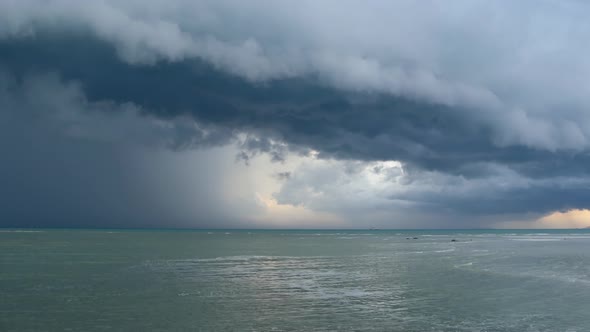 Waving Blue Sea, Sandy Shore of Koh Samui Island During Wet Rain Season, Thailand. Hurricane
