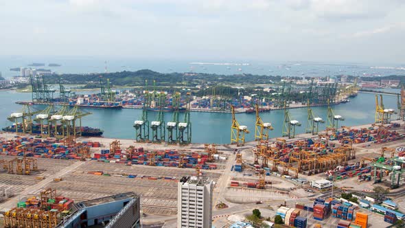 Trading Port of Singapore with Containers Terminals and Merchat Ships Timelapse