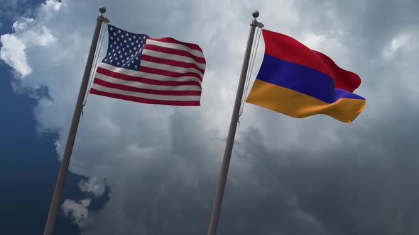 Waving Flags Of The United States And The Armenia 4K