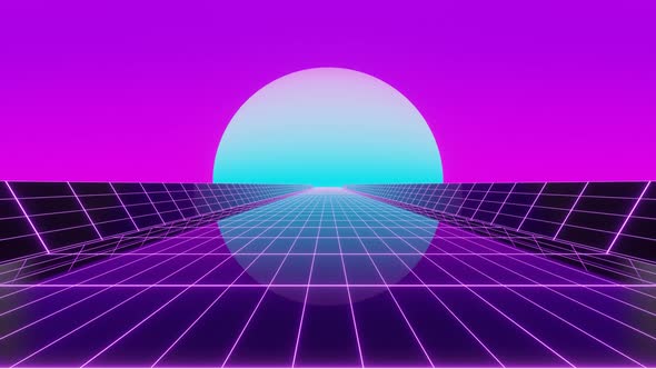 Abstract Retro Purple Neon Shiny Road with Blue Moon