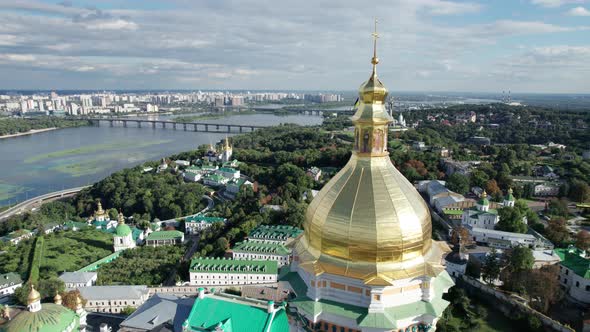 Aerial View of Kiev Pechersk Lavra Great Lavra Bell Tower Orthodox Monastery