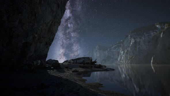 Hyperlapse of Night Starry Sky with Mountain and Ocean Beach in Lofoten Norway