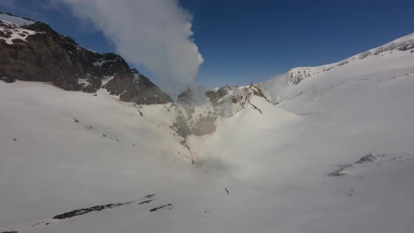 Aerial View Winter Landscape Snowy Mountain Flying Near Dense Fog Volcano Ridge