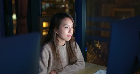 Woman Study on Computer at Night