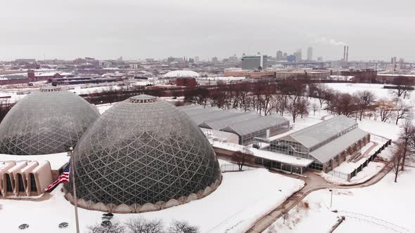 Milwaukee Domes covered in snow during a freezing Wisconsin winter downtown