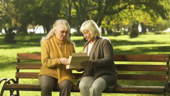Old Ladies Looking at Photo of Deceased Friend on Bench in Park, Golden Years