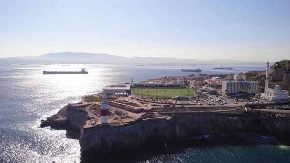 Aerial View Of Europa Point With scenic Strait of Gibraltar In Background On Sunny Day