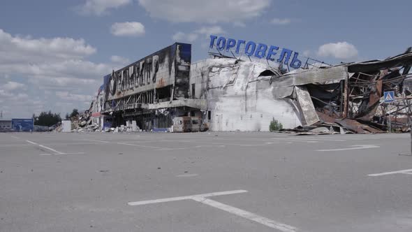 Wartorn Building of a Shopping Center in Bucha Ukraine