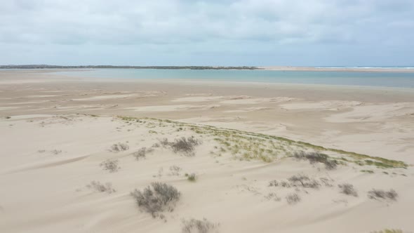 Aerial footage of a white sandy beach at the Coorong in South Australia
