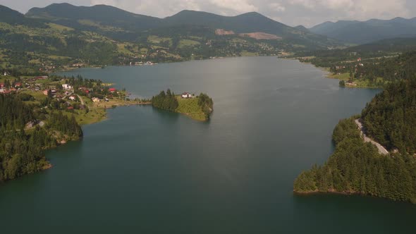 Aerial view of a lake island