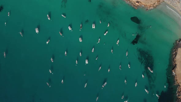 Aerial View of Many Yachts in a Bay on Formentera Island