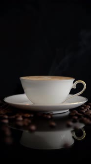 Cup of cappuccino and coffee beans on a black surface.