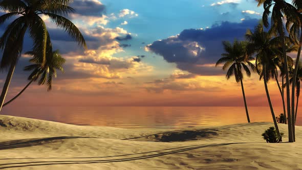 Beautiful tropical landscape at sunset with sea and palm trees on the beach near the hotel