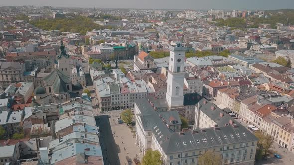 Aerial City Lviv, Ukraine. European City. Popular Areas of the City. Town Hall