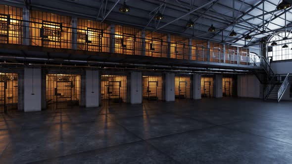 Interior of the modern prison. Hallway with two floors and rows of cells.