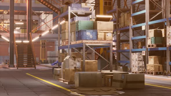 Modern Warehouse Shelves with Pile of Cardboard Boxes alt