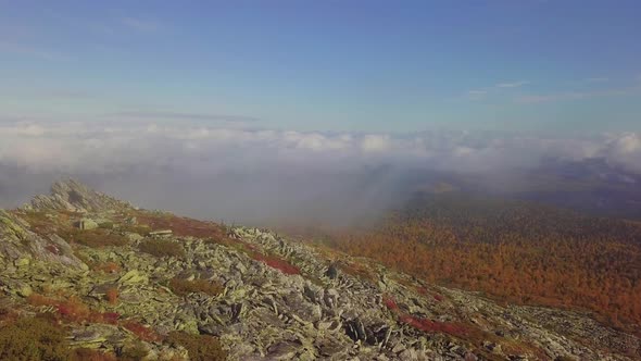 Stone Run on Mountain in Fall. Aerial View From Drone of Loose Rocks on Hill Slope in Autumn