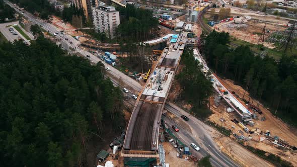 Aerial View Over Large New Bridge Construction Site in Riga Latvia