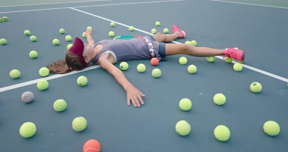 Girl Doing Snow Angel As She Lying on a Tennis Court