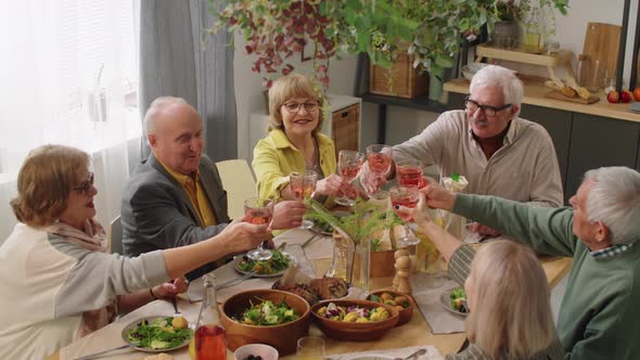 Elderly Friends Clinking Glasses in Toast at Home Dinner