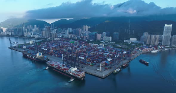 Aerial footage of Yantian international container terminal in Shenzhen city, China