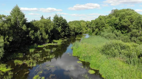 Movement To Side Over a Small River in Summer in Russia