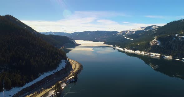 Mountain Pass Lake Highway Aerial Sunny Bright Day Interstate 90 Snoqualmie Pass Washington