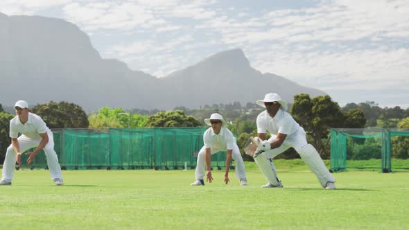 Cricket player catching the ball on the pitch