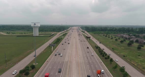 Establishing aerial shot of cars on 59 South in Sugarland, Texas just outside of Houston.