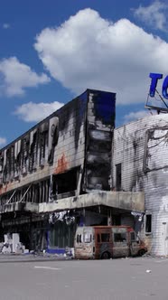 Vertical Video of a Bombed Shopping Center During the War in Bucha Ukraine