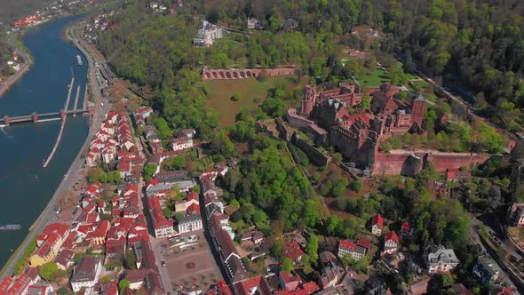 Beautiful top view of the Heidelberg castle and the old part of the city. Spring.