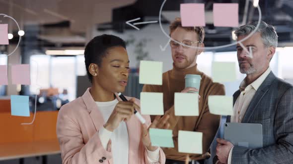 Young Multiracial Girl Showing Colleagues Her Problem Solution on Glass Board