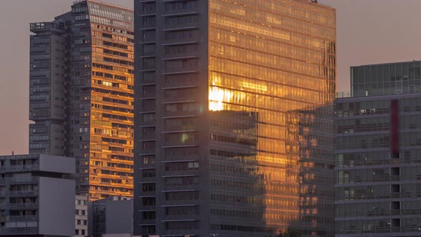 Sunrise Reflected in Donaustadt Danube City Modern Skyscrapers and Business Centres Timelapse in