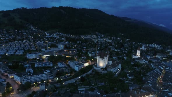 Aerial of Thun City at Dusk Switzerland