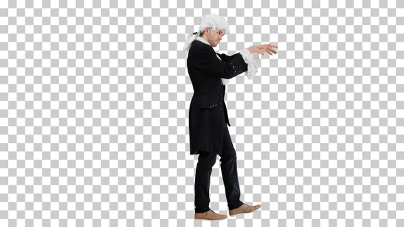 Man dressed like Mozart conducting while walking, Alpha Channel