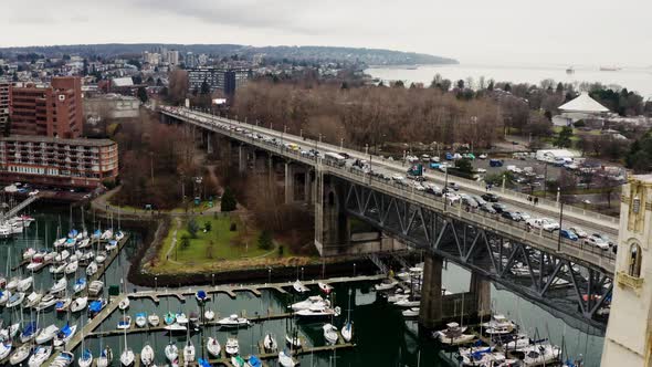 Traffic At Burrard Street Bridge Over Harbour In False Creek. Freedom Convoy Protest In Vancouver, C