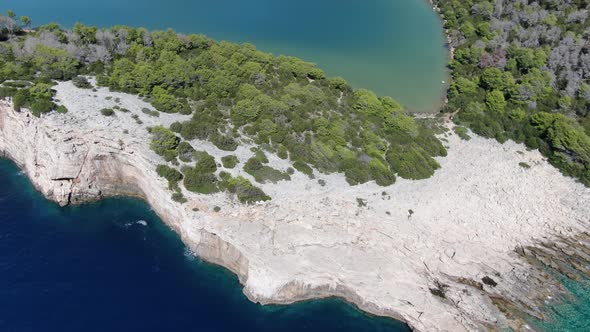 Aerial view of Saltwater Mir Lake at Dugi Otok Island in Croatia, Europe