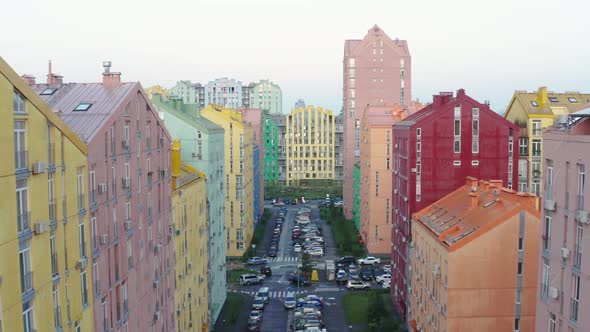 Top view of the colorful modern buildings, aerial footage from the drone