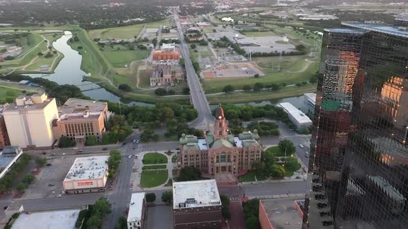Drone footage of downtown Fort Worth, Texas skyscrapers and buildings at sunset