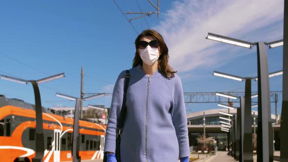 Woman in Protective Face Mask at Railway Station