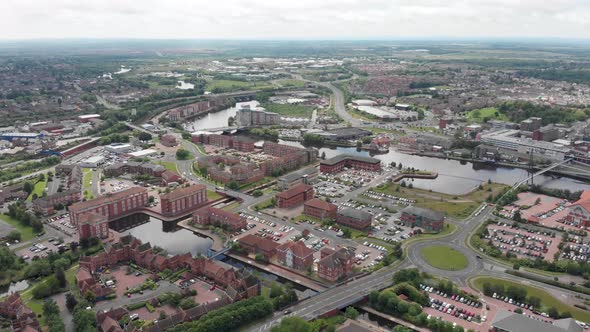 Aerial footage of the town of Thornaby, Stockton-on-Tees in the UK