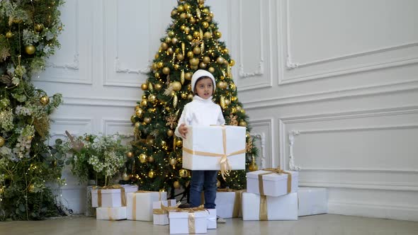 Boy Child in a White Sweater and Hat Stands at the Christmas Tree