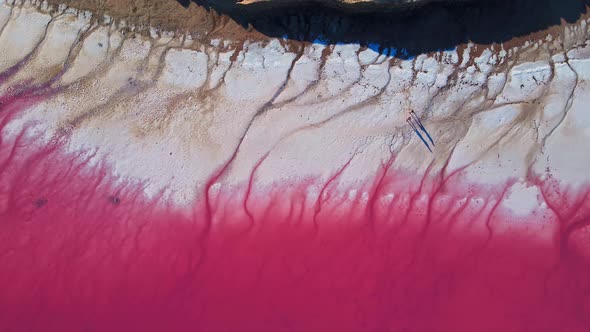 Scenery Drone Flight Over Pink Lake Shore with Wide Dry Salt Coast