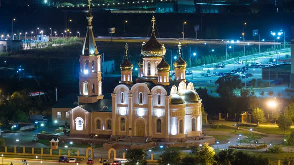 St. Nicholas Cathedral of the City of Aktobe at Night Timelapse