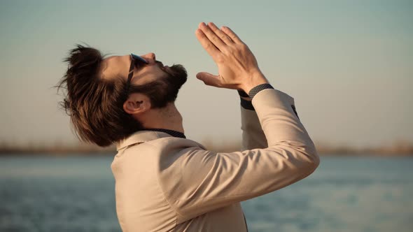 Businessman Prays And Looking On Sky. Handsome Man Pray With Hope Faith Hold Hands Together.