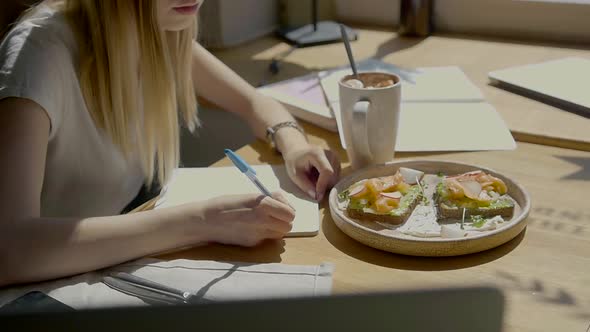 Female Student Writes Course Work on Her Computer Freelancer Girl Working at Cafe Via Notebook