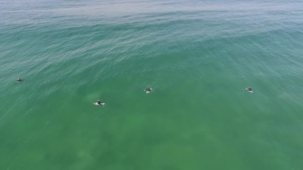 Surfers Waiting and Catching Waves