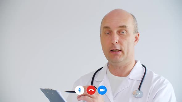 Doctor Filling Form and Talking at Camera During Online Interview