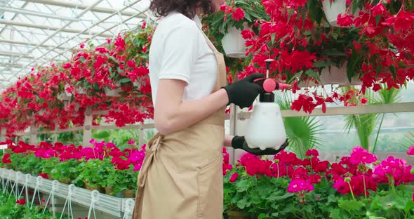 Woman Holding Polivizator and Watering Colorful Flowers
